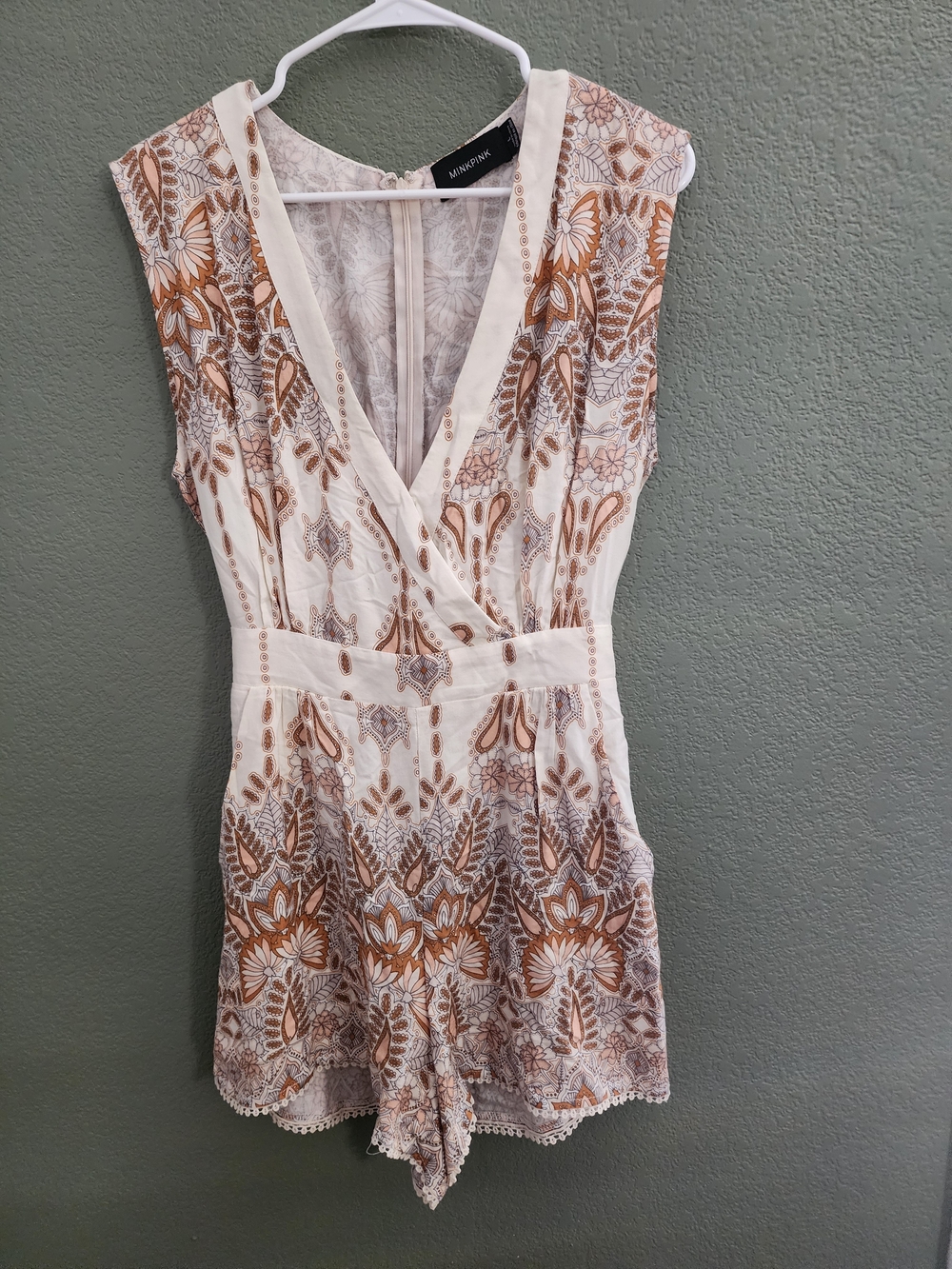 MINKPINK Cream and Brown Floral Lace-Trim Romper
